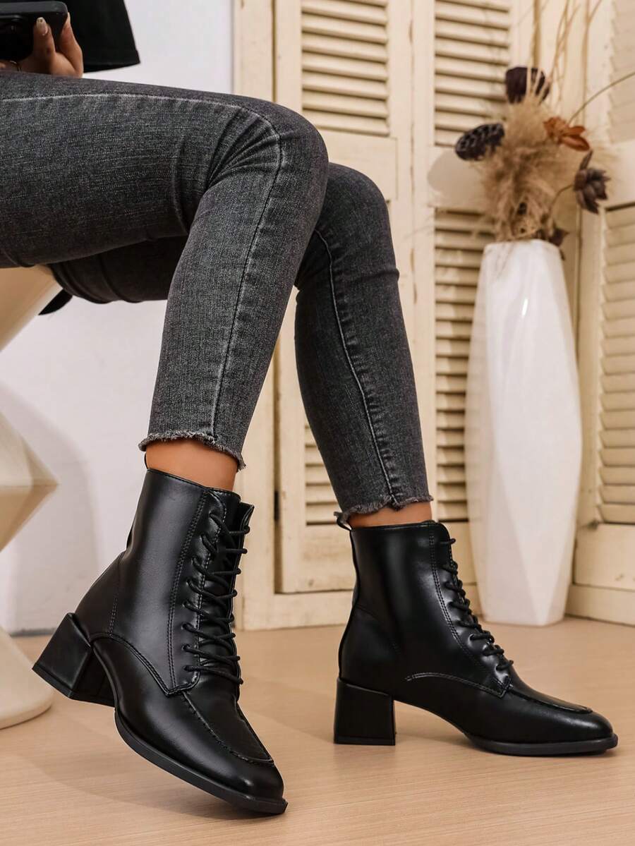 Ankle Boots For Petite Women, Thick Sole Increase Height, Leather Mid-Calf Lace-Up Boots, Versatile Minimalist Design High Heel Skinny Boots, Western Style Lace-Up, Autumn/Winter 2025 - Black - View 1