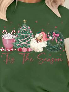 舒適多彩聖誕 T-shirt 女款蝴蝶結聖誕上衣 復古聖誕圓領上衣 女孩聖誕毛衣 Merry Christmas - 墨綠色 - 查看 3