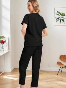 Women's Scrub Set Wear-Resisting Dental Nurse Uniform Scrubs V-Neck Top & Jogger Pants - Black - View 4