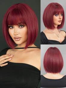 7JHH WIGS 12 Inch Grape Purple Red Bob Wigs For Women - Elegant Short Straight Wig With Bangs Soft Natural Synthetic Heat Resistant Hair Wigs For Daily Wear, School & Music Festivals Celebrations Use. Graduation Gift & Mother's Gift Wig Accessories