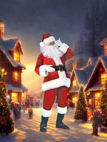 Conjunto de 5 piezas (1 parte superior, 1 pantalón, 1 sombrero, 1 barba, 1 cinturón) Disfraz de Papá Noel estilo Santa Claus para adultos, traje de Papá Noel de terciopelo dorado para Navidad, Halloween y actuaciones - Multicolor A - Ver 4