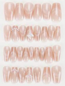 30pcs Short Ballet-Style Nail Stickers/Short Nail Decorations, Featuring Delicate 3D Butterflies And Pearls/Perfect Fitting Acrylic Fake Nails Set, Includes 1 Gel Polish And 1 Nail File, Suitable For Women's Daily Work, Study And Gatherings In Autumn/Winter. This Nail Product Is Also Suitable For Parties, Festivals And Everyday Use. - Multicolor - View 4