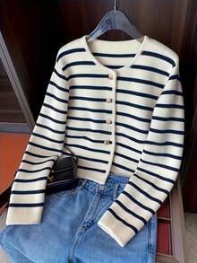 Women's Fashion Knit Cardigan, Colorblock Striped, Single-Breasted Front Design, Opaque Fabric, Suitable For Casual And Formal Wear, Elegant Knit Sweater, Durable Material, Autumn/Winter