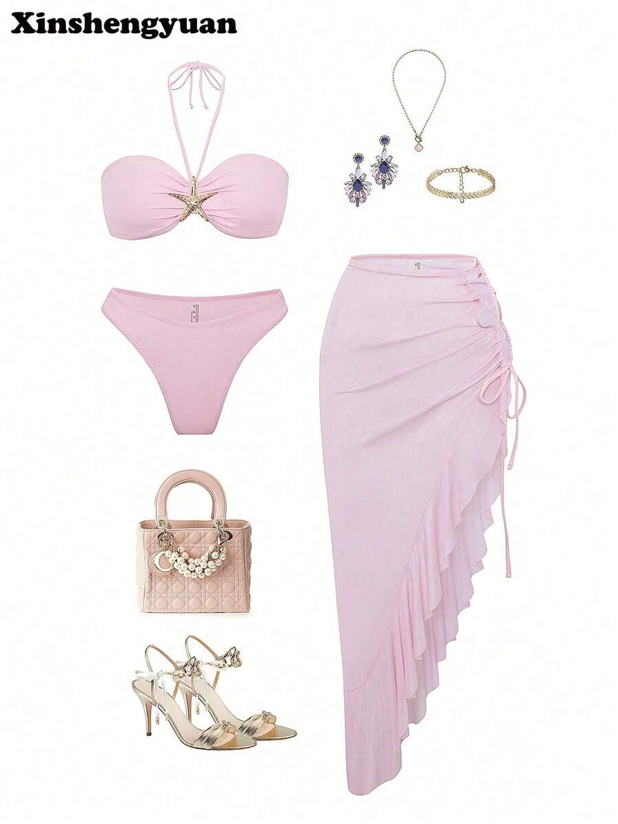 3 pezzi/set Costumi per Capodanno e San Valentino, Bikini elegante con nodo alla scollatura, colore unito sexy e arricciato, slip a vita alta con media elasticità, moda europea e americana, orlo ondulato, gonna plissettata con bordo a volant, adatto per vacanze, spiaggia e piscina in estate - Rosa Baby - Visualizzare 1