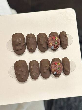 10pcs Cartoon 3D Chocolate Cookie Handmade Acrylic Press On Nails, Cute Chocolate Brown Fake Nails Short Oval Fake Nails, DIY Nail Supplies, Reusable, With Jelly Glue And Nail File