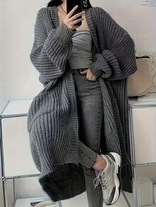 Women's Fashionable, Elegant, Casual, Versatile Long Knitted Cardigan Sweater, Autumn/Winter - Grey - View 3