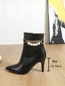 Women's Pointed Toe Black Elastic Ankle Boots, Sexy Fashion Studded Buckle Side Zipper, Suitable For Autumn/Winter,High Heels - Black - View 3