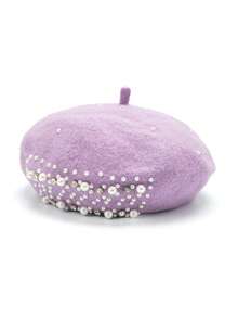 1pc Letter, Star, Butterfly Embellished Vintage Palace Style Wool Solid Color Rhinestone Pearl Beret Hat, Pumpkin Hat, Fashion & Versatile For Women, Autumn/Winter - C - View 11