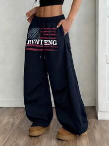 宽松阔腿运动裤，带字母口袋，男女通用直筒休闲运动裤，适合日常穿着，春秋冬 - 藏蓝色 - 查看 4
