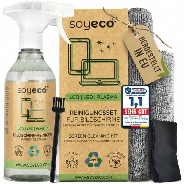 Screen Cleaner Set 500 Ml With 2 X Microfibre Cloths And Brush For Comprehensive Device Care TV Displays LCD LED OLED QLED TFT Mobile Phone Laptop And Keyboard PC And Much More