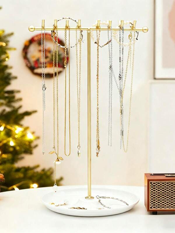 1 Stück T-förmiger Schmuckständer in Gold und Schwarz, 19 cm breit und 32 cm hoch, geeignet zum Organisieren und Aufbewahren von Halsketten, Ohrringen, Armbändern, Uhren, Schmuck und anderen Artikeln, Weihnachtsgeschenk