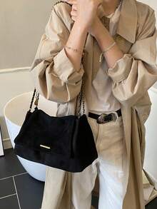 女士单肩包，翻盖软包，仿麂皮绒面哑光PU材质，时尚秋冬优雅复古简约风，金属配件设计，金属链条，适合女性、女孩、大学生，适合购物、通勤，黑色 - 黑色 - 查看 6