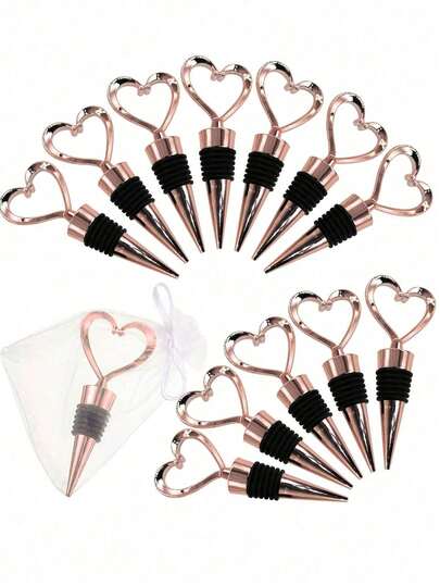 Heart Shaped Wine Bottle Stoppers Wedding Bridal Gifts For Guests Plastic Heart Shaped Wine Stoppers With White Transparent Gauze Bag Wedding Gift Fresh Holiday Party,Halloween Decorations,Halloween Party Supplies,Christmas Decorations, Valentine's Day Party, Home Decor, Home Gifts