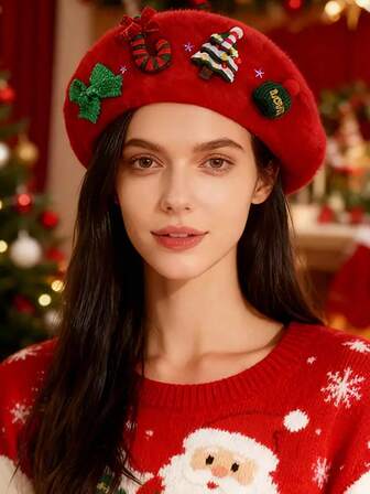 1pc BREITER Women's Rabbit Fur Beanie Hat - Soft Warm Red Christmas With Holly, Bells & Snowflake Brooch-Like Accent, Elastic Fit For Holiday Parties, Winter Outfits - Lightweight Rabbit Fur Bonnet For Xmas & New Year's Eve