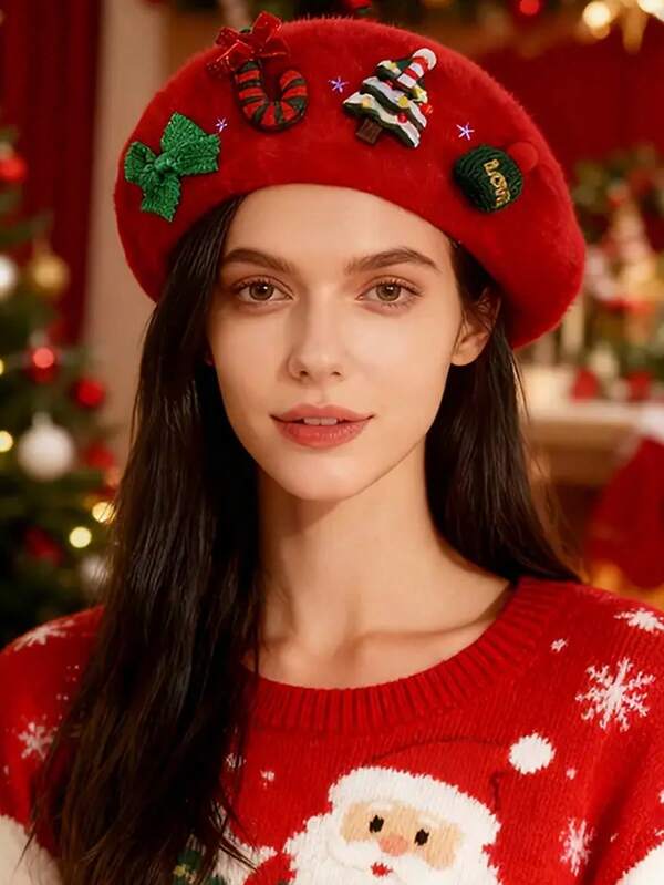 1 pieza Gorro de Conejo de Mujer BREITER - Suave y Cálido Rojo Navideño con Acento de Broche Tipo Acebo, Campanas y Copos de Nieve, Ajuste Elástico para Fiestas Navideñas, Atuendos de Invierno - Gorro de Conejo Ligero para Navidad y Nochevieja