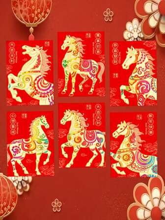 6/12/18/24/30pcs Chinese New Year Lucky Horse Red Envelopes - 6 Unique Designs With Golden Foil, Festive Paper Bags For Celebrations, Ideal For Gifting And Festive Occasions, Festive Gift Bags|Decorative Envelopes|Paper Envelopes, For Lunar New Year, Wedding, Birthday