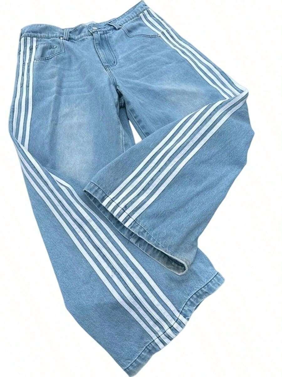 Men's Striped Denim Pants Stripe Baggy Jeans Fashion Casual Straight-Leg Trousers Daily Personalized Street Style - Màu xanh lam - Xem 1