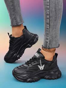 Women's Fashion Thick Sole Sneakers, Color Block Round Toe Leather Lace-Up Athletic Shoes, Lightweight Breathable Sports Shoes, Non-Slip Durable Outdoor Tennis Shoes, Platform Shoes, White Trainers, Comfortable Casual Shoes - Black - View 8
