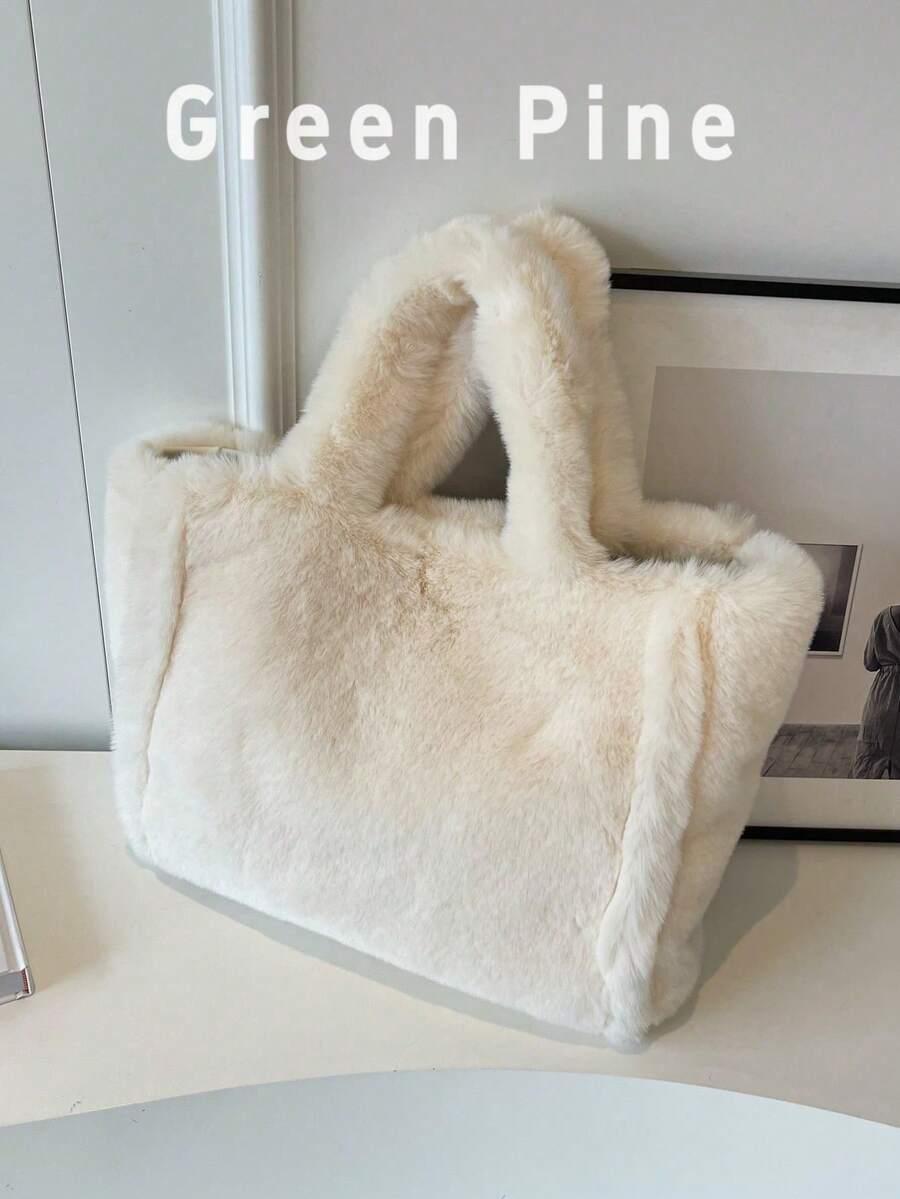 全新象牙色大容量女士手提包，时尚百搭日常通勤和学校毛绒手提包