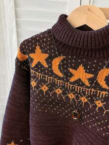 1 Áo len dệt kim polyester cổ bẻ dáng lửng Hipster in hình thiên hà mặt trăng và ngôi sao, phong cách đường phố thường ngày, thu/đông - Màu Đỏ Sâu - Xem 5