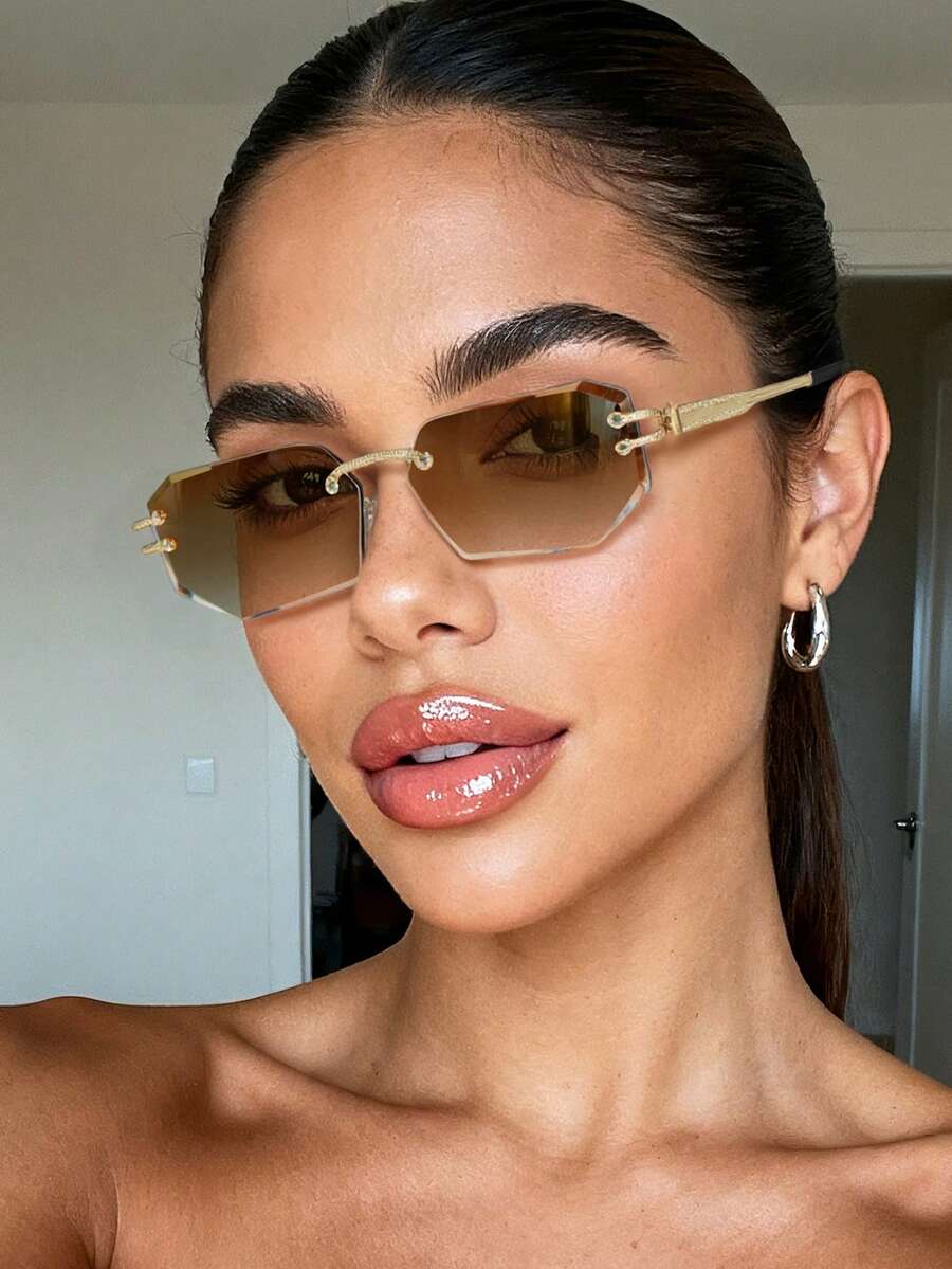 1 par de gafas de sol unisex con bordes poligonales sin marco, adecuadas para vacaciones, viajes, atuendos festivos, estilo deportivo, festivales de música, accesorios de verano, playa, salidas familiares, golf, senderismo, conducción, actividades al aire libre, ropa casual, ambiente festivo, atuendo elegante, accesorios de estilo callejero, deportes, fiestas, looks de estilo callejero, pesca, vacaciones, actividades al aire libre - Té doble - Ver 1