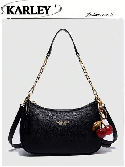 2025 New Fashion Classic Wild Alphabet Pattern Decoration Design Pure Color PU Waterproof Fabric Shoulder Bag Moon Bag, Suitable For Shopping, Can Be Obl