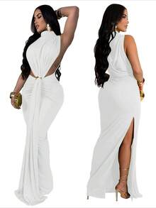 Women's Resort Clothing Solid Color Sexy Side Slit Sleeveless Fashion Party Dinner Ball Elegant Dress Dress Women's Christmas And New Year Outfits - 白色 - 查看 3