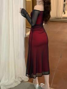 Vuslat 女士时尚纯色露肩修身喇叭袖长款连衣裙，优雅露肩网纱派对礼服，适合生日、情人节、毕业舞会、派对、夏季、春季、嘉年华、婚礼宾客等场合，优雅休闲，适合各种婚礼及活动，包括婚礼礼服、婚礼宾客礼服、奢华晚礼服和正式场合。 - 黑色 - 查看 5