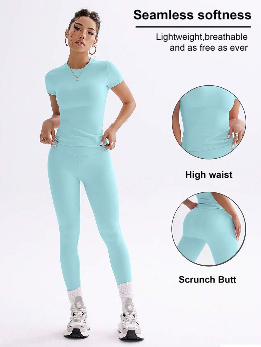 FWH 1. Cute Solid Color Crop Top, Stretchy Fitted Round Neck Sweet Fashionable Versatile Jacket, Elegant High Waist Slim Casual Tummy Control Daily Basic Dancewear Leg Lengthening Butt Lifting Street Running Yoga 2-Piece Set, Spring/Summer - 藍色 - 查看 1