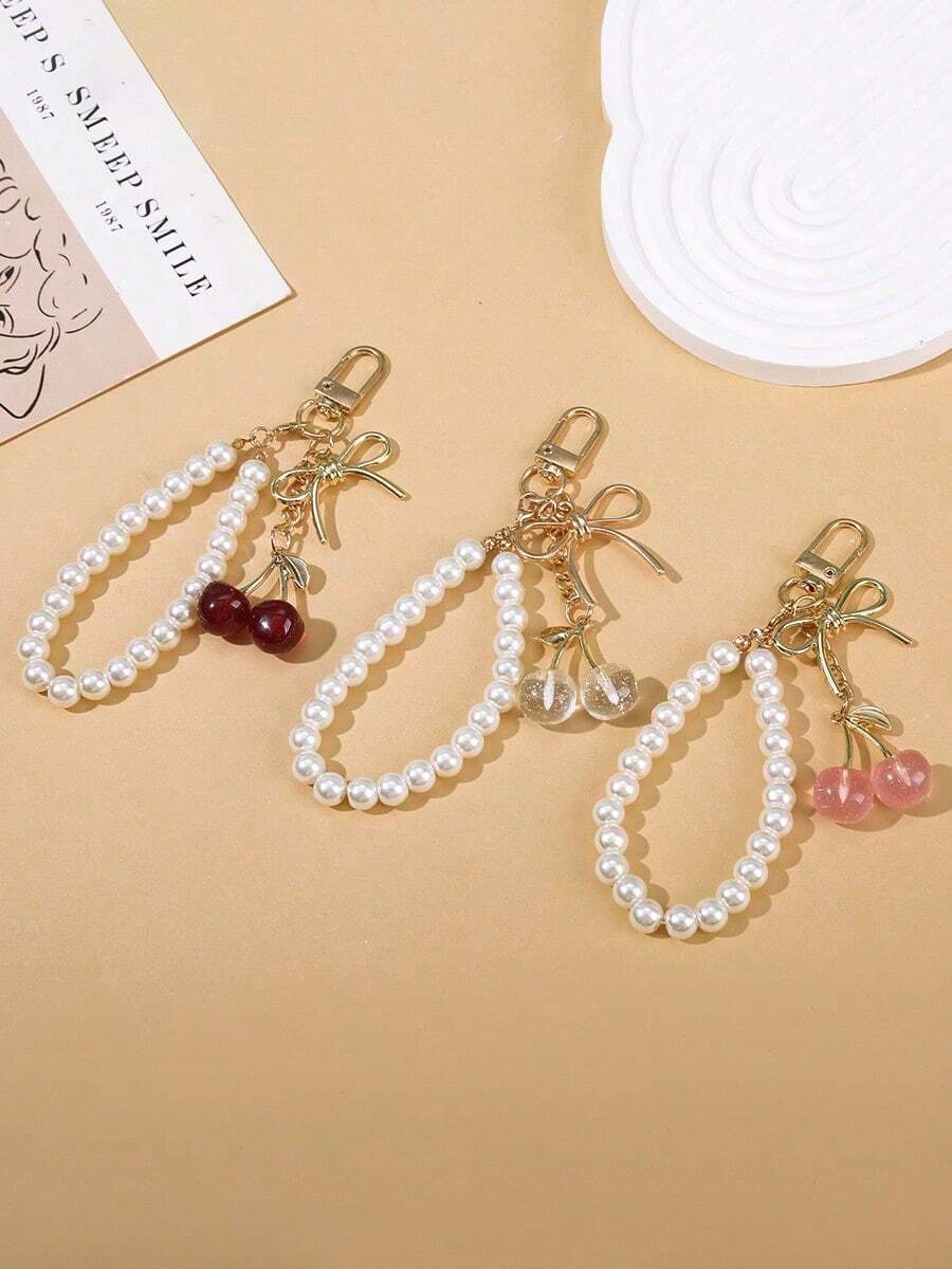 1个女士新款樱桃蝴蝶结金属钥匙扣，时尚蝴蝶结配饰，简约ins风包包挂饰 - 彩色 - 查看 1