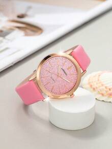 LIANDU مجموعة ساعة نسائية - ساعة بقرص وردي لامع، مجموعة مجوهرات بشكل قلب (سوار، قلادة، أقراط، خاتم)، حركة كوارتز، هدية رومانسية للمرأة