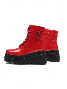 Women Platform Combat Ankle Boots Goth Chunky High Heel Lace Up Motorcycle Booties - 紅色 - 查看 4