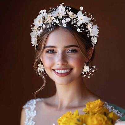 1 Set Handmade Faux Pearl Flower Shiny Headband & Earrings, Bridal Wedding Party Prom Dress Accessories