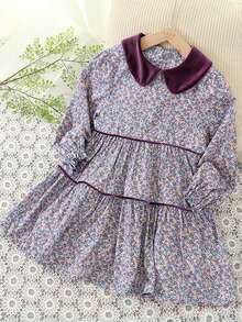 Girls' Autumn Floral Velvet Collar Long Sleeve Casual Flowy Wide Hem Floral Cotton Dress - Lilac Purple - View 8
