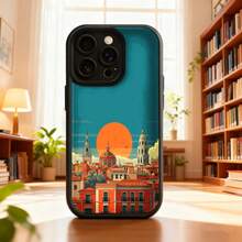 Fundas de teléfono transparentes y modernas,Cubierta de teléfono con diseño de ciudad al atardecer color turquesa con edificios históricos y sol naranja ideal para uso diario en interiores y exteriores Aplicable a teléfonos Apple y Galaxy - Blanco - Ver 1
