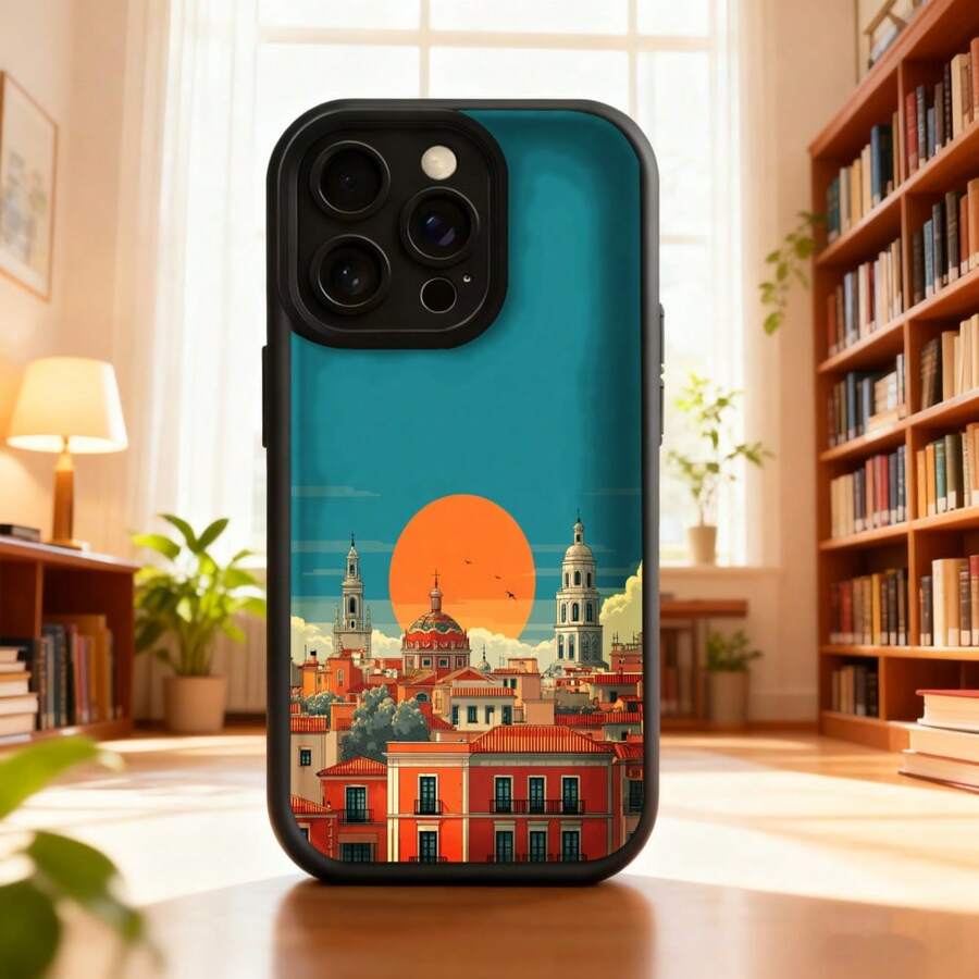 Fundas de teléfono transparentes y modernas,Cubierta de teléfono con diseño de ciudad al atardecer color turquesa con edificios históricos y sol naranja ideal para uso diario en interiores y exteriores Aplicable a teléfonos Apple y Galaxy - Blanco - Ver 1