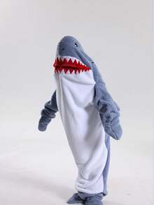 卡通鲨鱼睡袋，法兰绒睡衣，现代风格，柔软涤纶面料，可机洗，家居服，浴袍主题，针织面料 - 彩色 - 查看 4