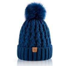 Womens Winter Ribbed Beanie Crossed Cap Chunky Knit Pompom Soft Warm Hat - Một cỡ + Peak Blue - Xem 2