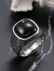 Anillo vintage para inoxidable, con gema negra sintética incrustada, decorado con un patrón de vid floral, estilo gótico, accesorio de estilo rock, adecuado para uso diario o como regalo para hombres - Plateado - Ver 5