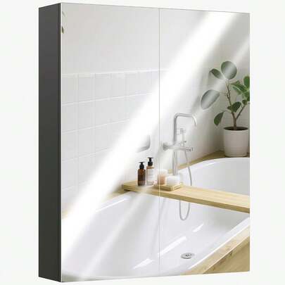 Armadio da bagno a due ante con specchio e 2 ripiani interni, mobile da bagno con specchio e chiusura ammortizzata in MDF, 60x15x75 cm, nero