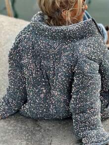 大码女式亮片休闲拉链夹棉大衣，日常穿着，秋冬