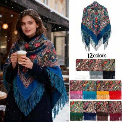 Quadratischer Schal mit russischem Blumenmuster, dünner Quastenschal für Damen, ideal für Herbst und Winter, warmer Schal (110 x 110 cm), perfektes Weihnachtsgeschenk für Frauen