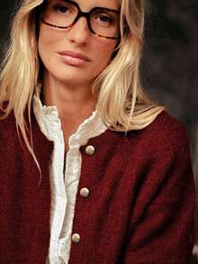 Women's Solid Color Round Neck Single Row Metal Button Ribbed Loose Casual Knit Cardigan - Burgundy - View 4