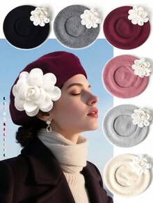 1pc Women Colorful Bow Flower Wool Solid Color Beret Hat, Casual Versatile
