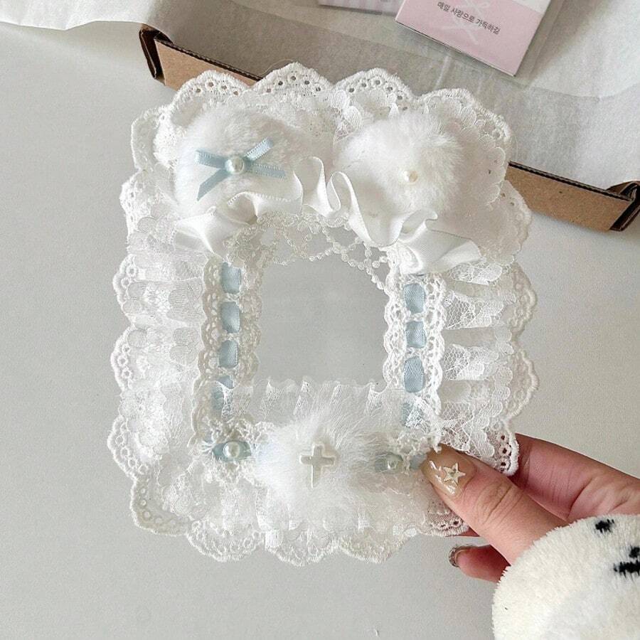 1pc New Cute Lace Photo Card Holder, Stores Small Cards And Tickets, Blue And Pink Colors, Handmade Plush Cat Ear Bow Design, DIY 2D Cartoon Anime Game Character Cosplay Accessories, Idol Fan Supplies, Transparent Pouch Decoration, Lolita Accessories Card Holder - Multicolor - View 1