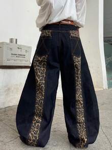 1 قطعة بنطال جينز رجالي واسع الساق بطبعة نمر، بتصميم مرن وفضفاض بأسلوب الشارع العصري، (لا يشمل الحزام والاكسسوارات)