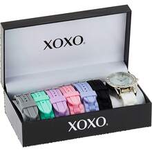 XOXO - Reloj analógico para mujer con bisel de acento de vidrio, 7 bandas de silicona intercambiables, elegante reloj de cuarzo con ajuste ajustable, caja lista para regalo, Blanco, Reloj analógico - Tipo de Enchufe A Japonés (100V) - Ver 4