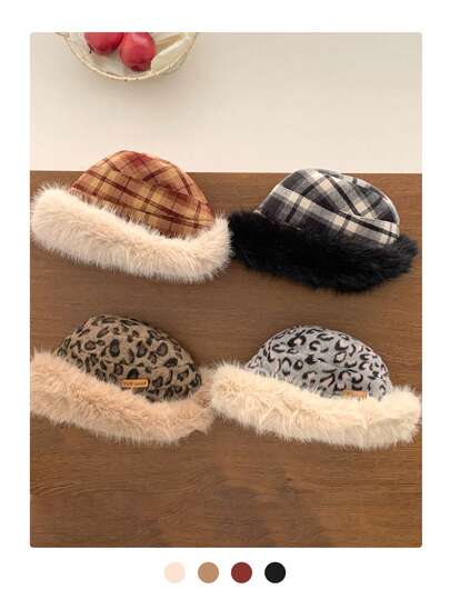 Leopard Print Fashionable Bucket Hat For Women, Autumn/Winter, New Arrival, Thermal Lined, Thick, Warm, Ear Protection, Retro Color Block Plaid Wool Felt Bucket Hat, Autumn/Winter, New Arrival, Thermal Lined, Thick, Warm, Ear Protection