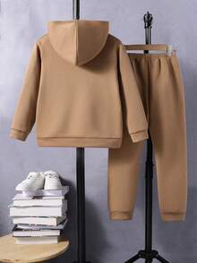 Young Boy Letter Pattern Embossed Warm Hoodie And Sweatpants Set