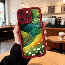 Cubierta de teléfono con diseño de paisaje natural verde y amarillo con flores silvestres para iPhone 14 Pro Max funda protectora estilo arte moderno para uso diario en cafeterías y exteriores Aplicable a los teléfonos de la serie Apple y Galaxy - Blanco - Ver 5